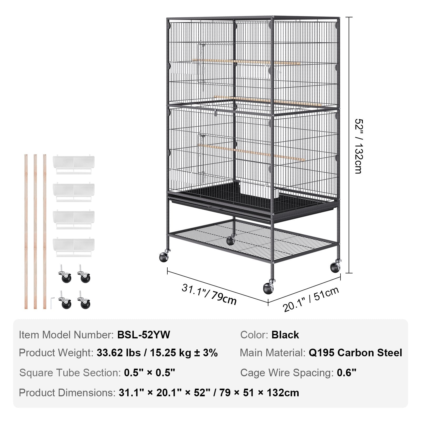 Spacious 52" Carbon Steel Bird Cage for Parakeets, Cockatiels, Parrots, Macaw - Rolling Stand, Easy Clean, Secure Wheels, Expansive Space