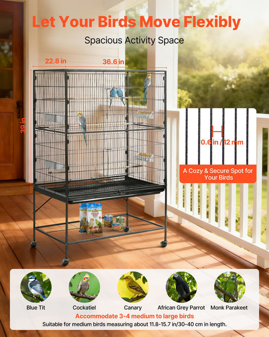 Spacious Wrought Iron Bird Cage 36.6"x22.8"x59.5" with Perches, Slide-Out Tray, Feeders for Parrots, Cockatiels, Canaries, Parakeets