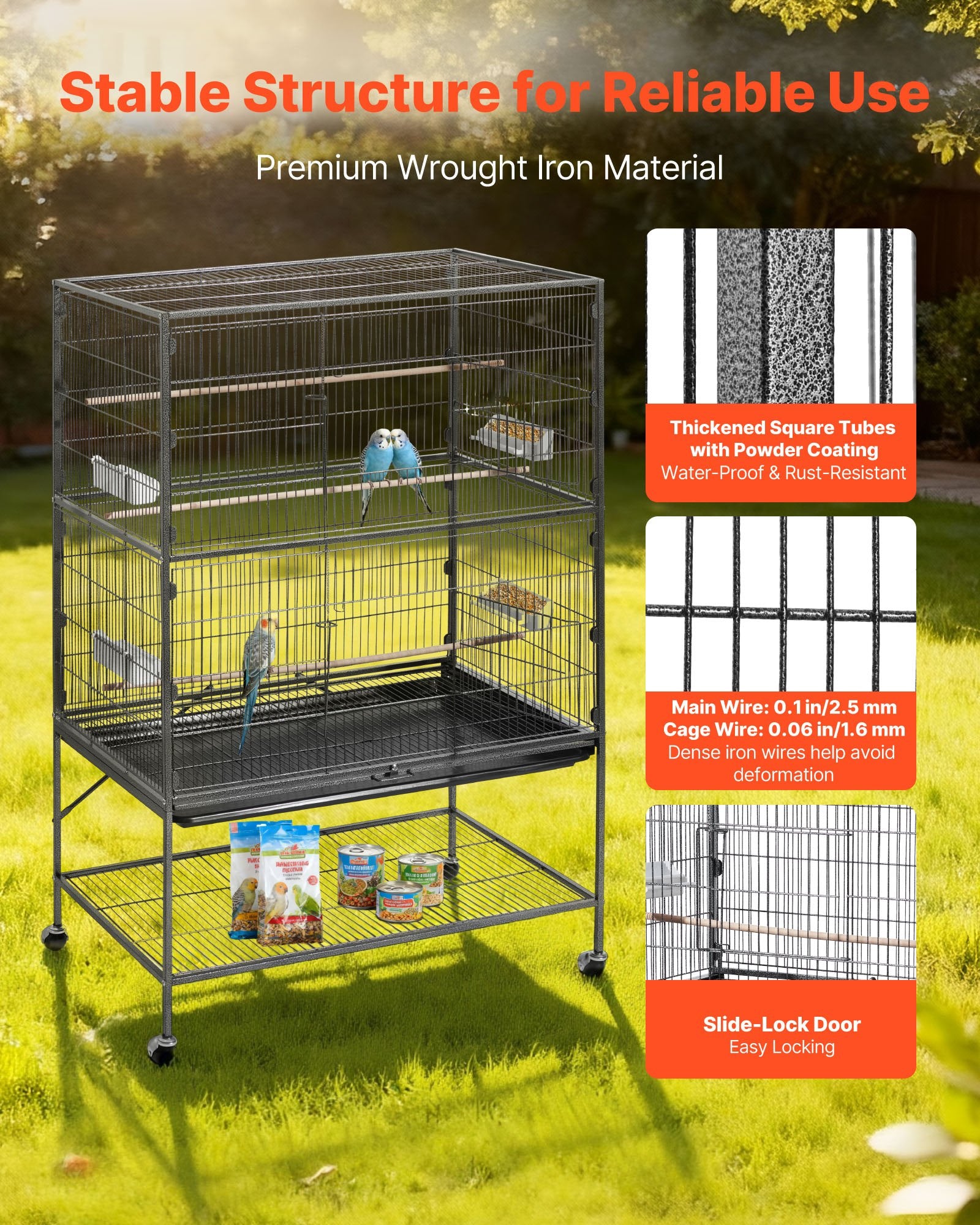 Spacious Wrought Iron Bird Cage 36.6"x22.8"x59.5" with Perches, Slide-Out Tray, Feeders for Parrots, Cockatiels, Canaries, Parakeets