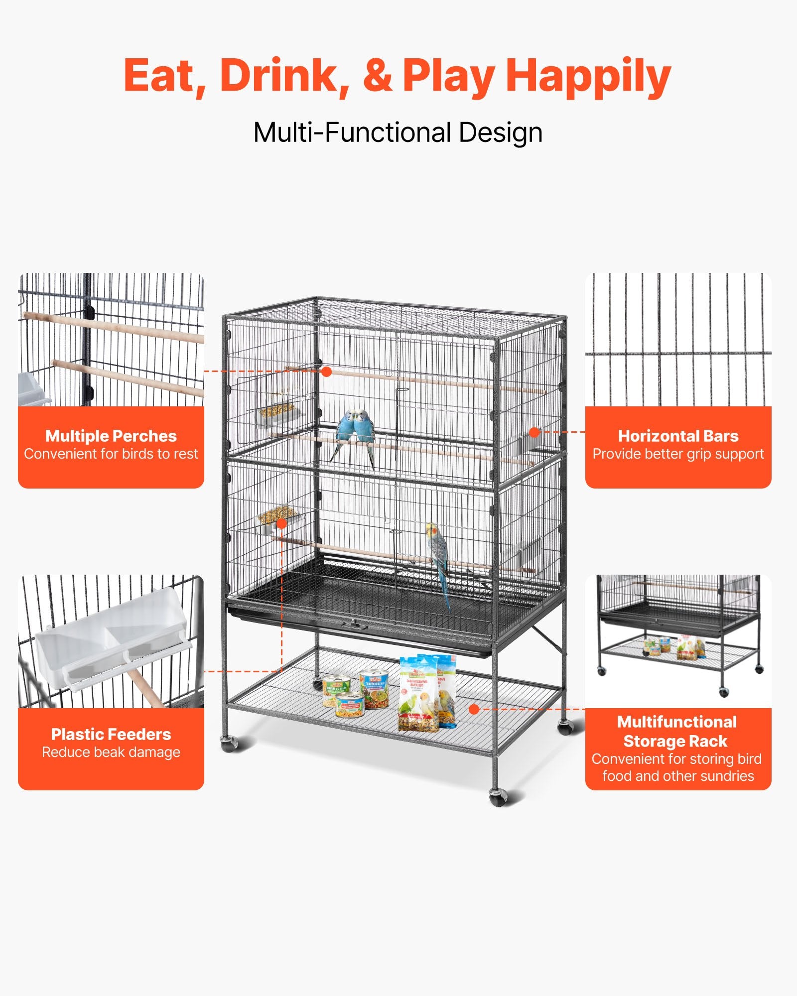 Spacious Wrought Iron Bird Cage 36.6"x22.8"x59.5" with Perches, Slide-Out Tray, Feeders for Parrots, Cockatiels, Canaries, Parakeets