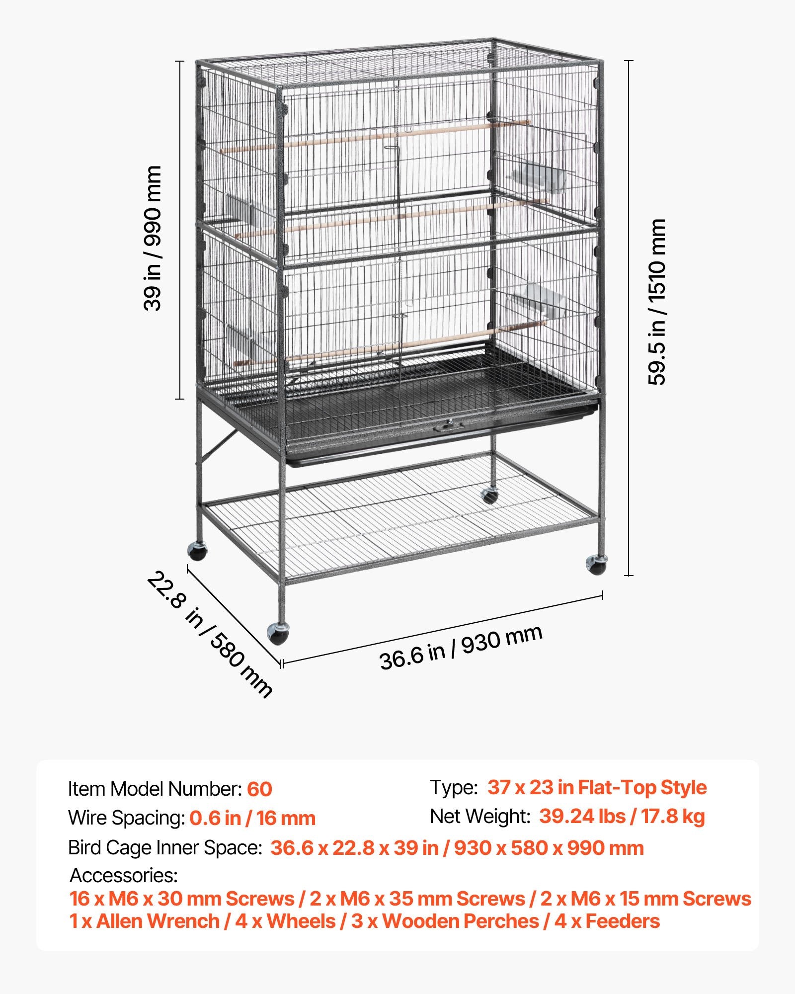 Spacious Wrought Iron Bird Cage 36.6"x22.8"x59.5" with Perches, Slide-Out Tray, Feeders for Parrots, Cockatiels, Canaries, Parakeets