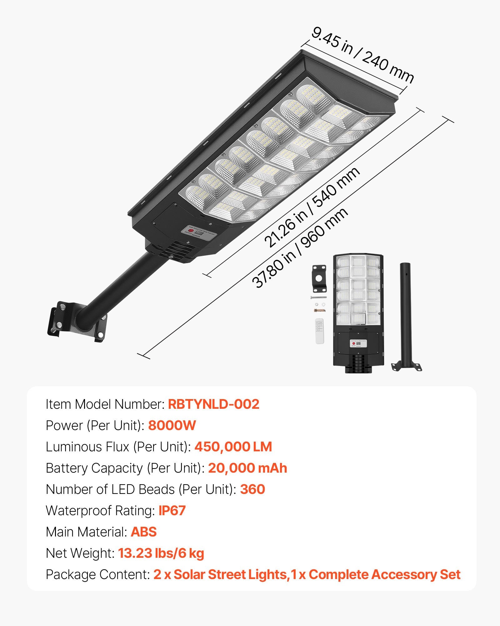 8000W Solar Street Lights, 450000LM LED Flood Lamps with Motion Sensor, IP67 Waterproof for Parking Lots, Driveways, Yards, 2 Pack - Dusk to Dawn Security Lighting Solution