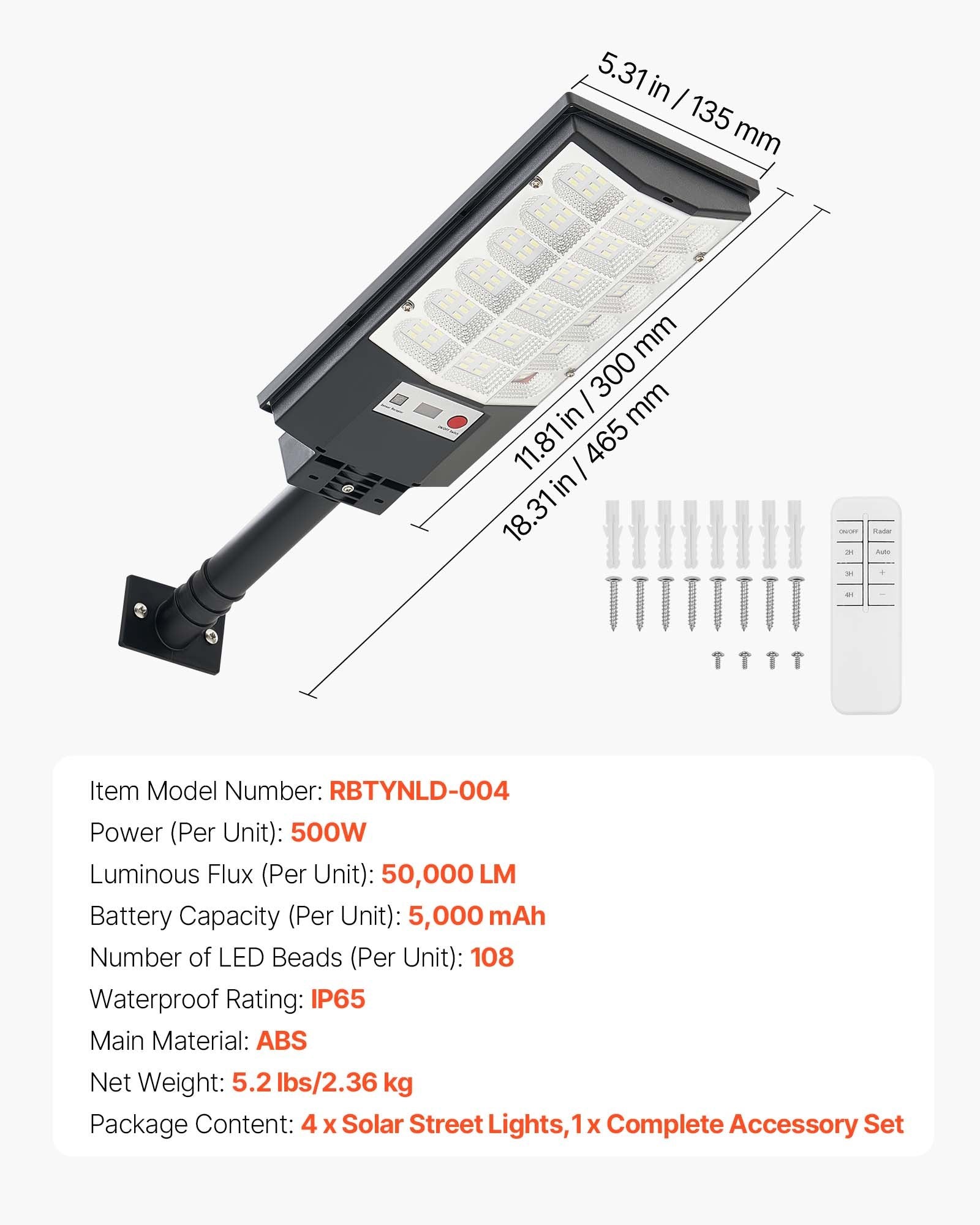 4 Pack 500W Solar Street Lights, 50000LM LED Flood Lamps, Motion Sensor, IP65 Waterproof for Parking Lots, Driveways, Yards, Dusk to Dawn Security Lighting