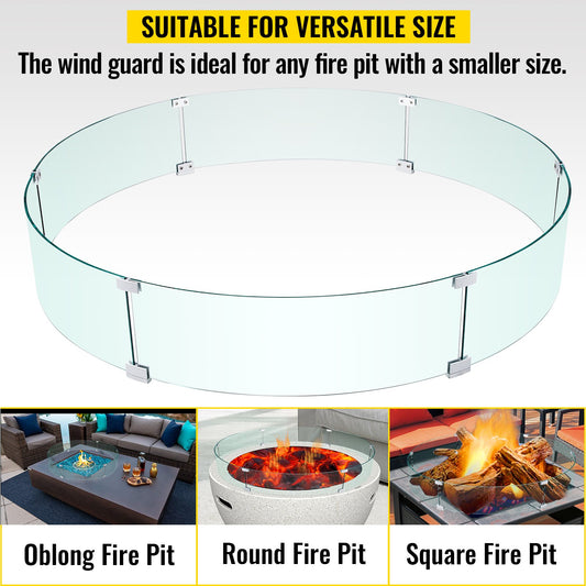 Round Tempered Glass Fire Pit Wind Guard, 47" Square Flame Shield for Outdoor Propane & Gas Tables, Thick Glass with Stable Feet