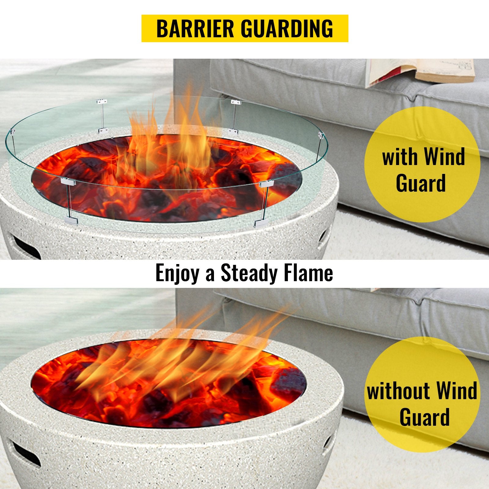Round Tempered Glass Fire Pit Wind Guard, 47" Square Flame Shield for Outdoor Propane & Gas Tables, Thick Glass with Stable Feet