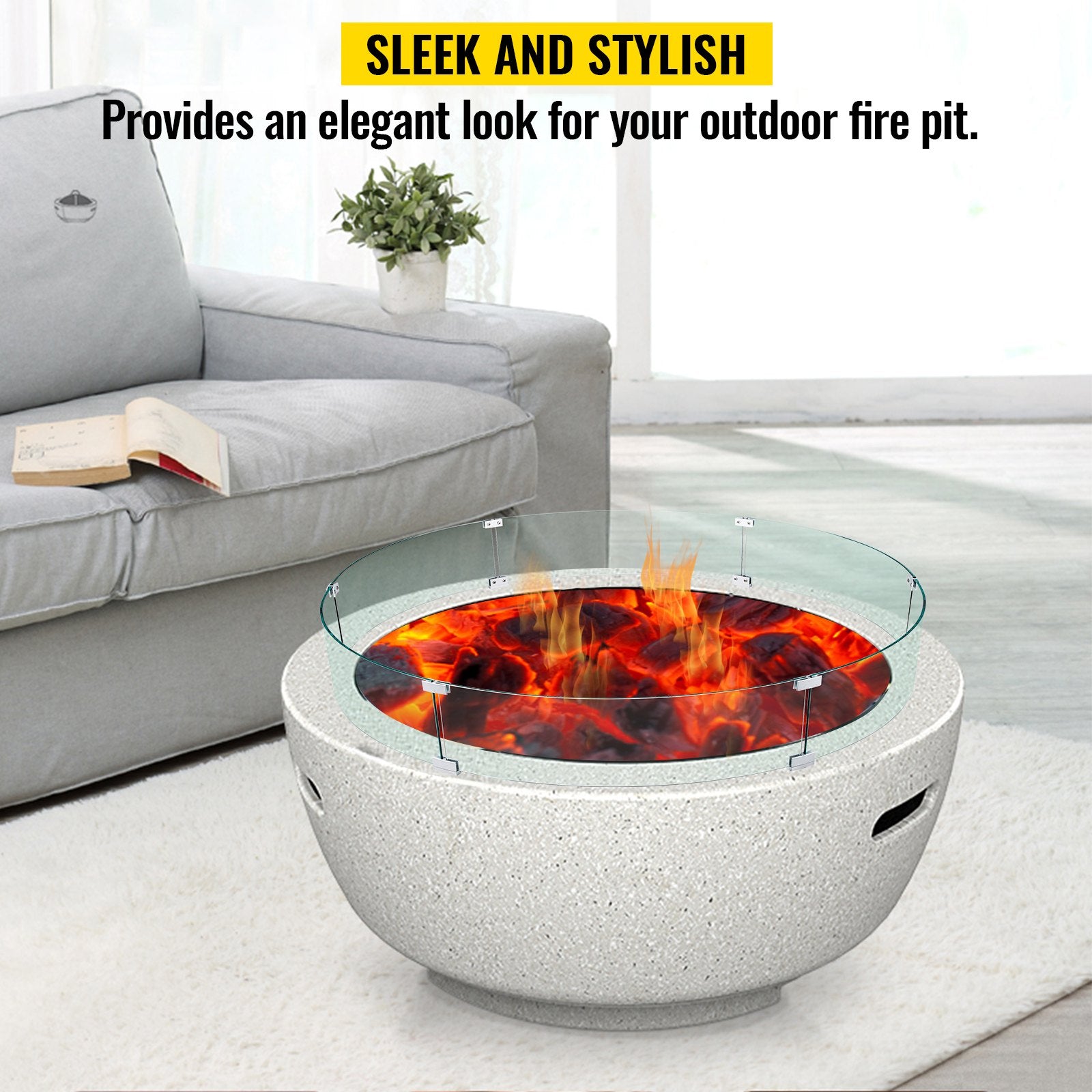 Round Tempered Glass Fire Pit Wind Guard, 47" Square Flame Shield for Outdoor Propane & Gas Tables, Thick Glass with Stable Feet