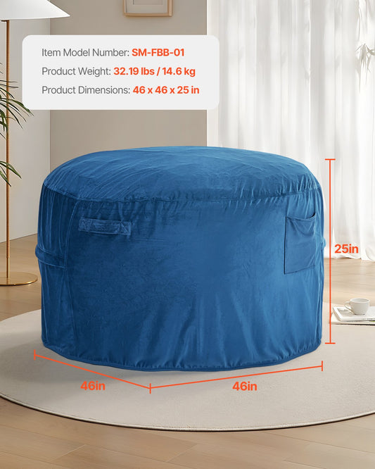 Luxurious Blue Bean Bag Chair for Adults - Removable Washable Cover, Dutch Velvet, High-Density Foam, with Handle & Pocket
