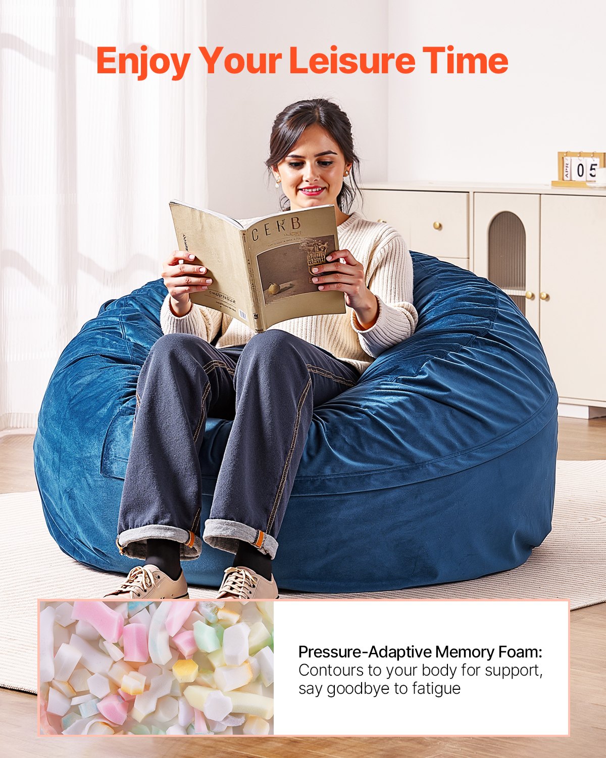 Luxurious Blue Bean Bag Chair for Adults - Removable Washable Cover, Dutch Velvet, High-Density Foam, with Handle & Pocket