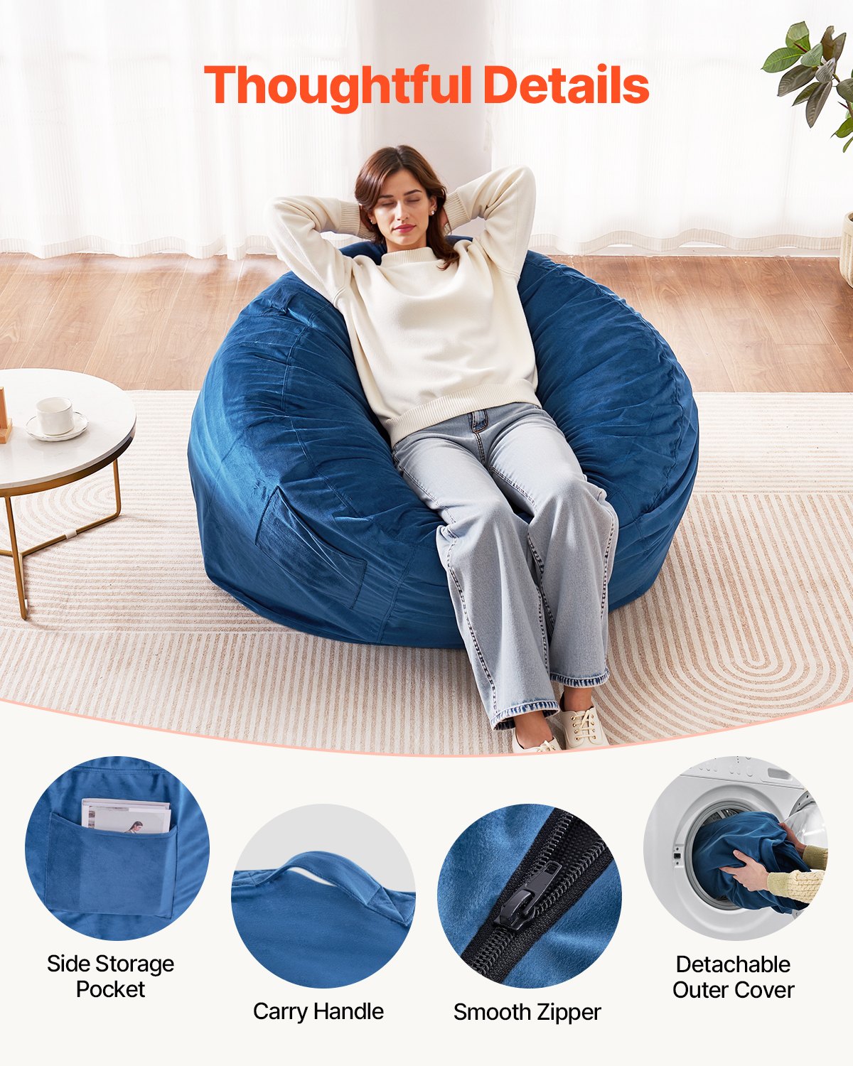 Luxurious Blue Bean Bag Chair for Adults - Removable Washable Cover, Dutch Velvet, High-Density Foam, with Handle & Pocket