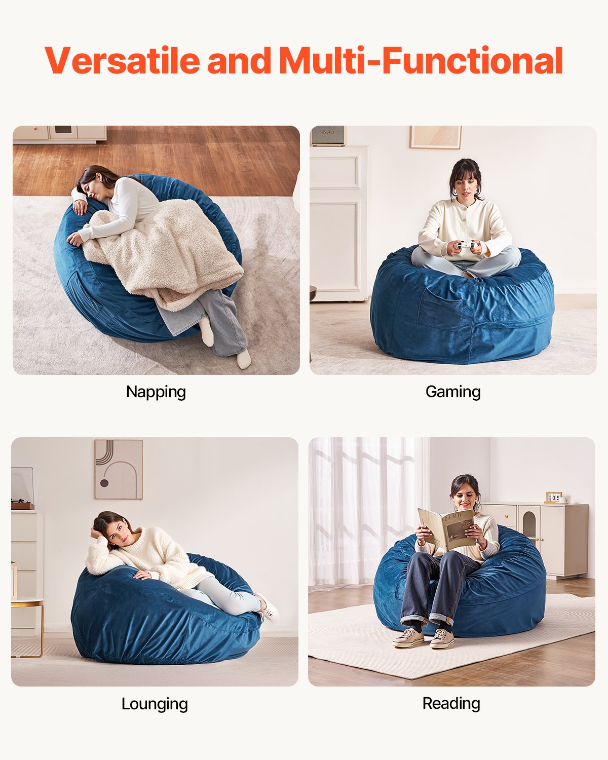 Luxurious Blue Bean Bag Chair for Adults - Removable Washable Cover, Dutch Velvet, High-Density Foam, with Handle & Pocket