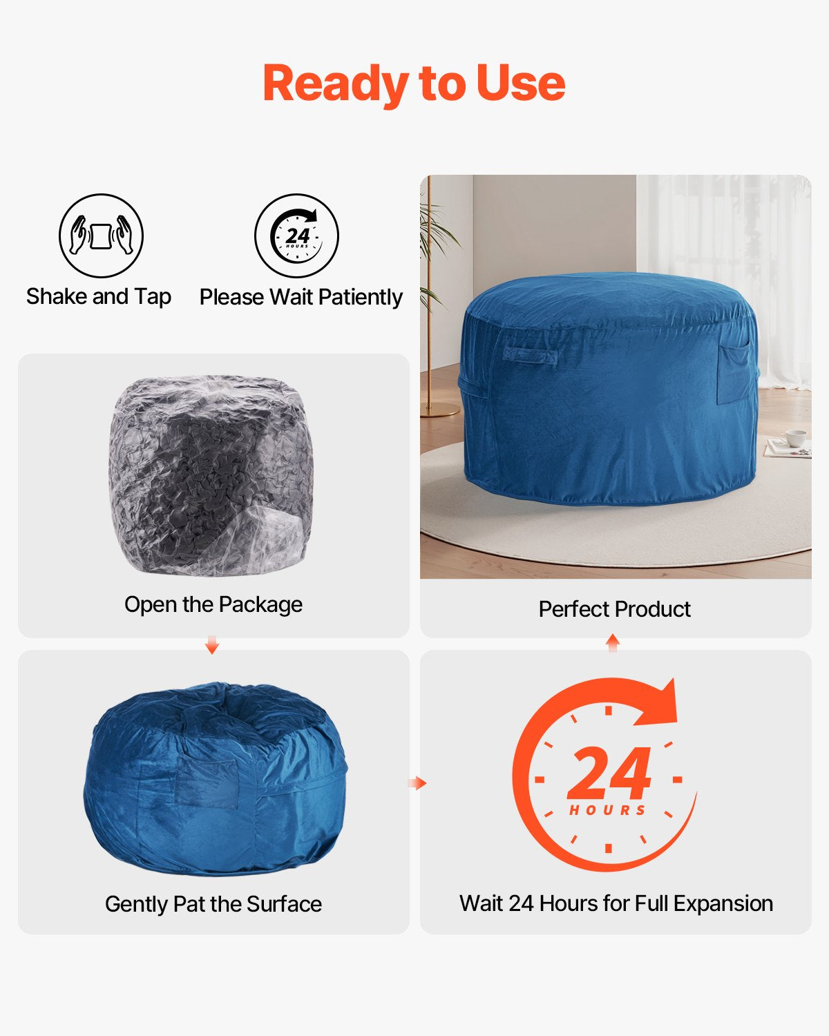 Luxurious Blue Bean Bag Chair for Adults - Removable Washable Cover, Dutch Velvet, High-Density Foam, with Handle & Pocket