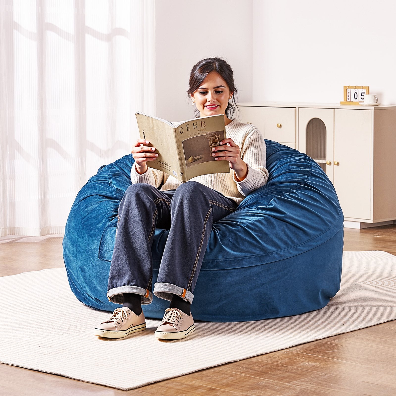 Luxurious Blue Bean Bag Chair for Adults - Removable Washable Cover, Dutch Velvet, High-Density Foam, with Handle & Pocket