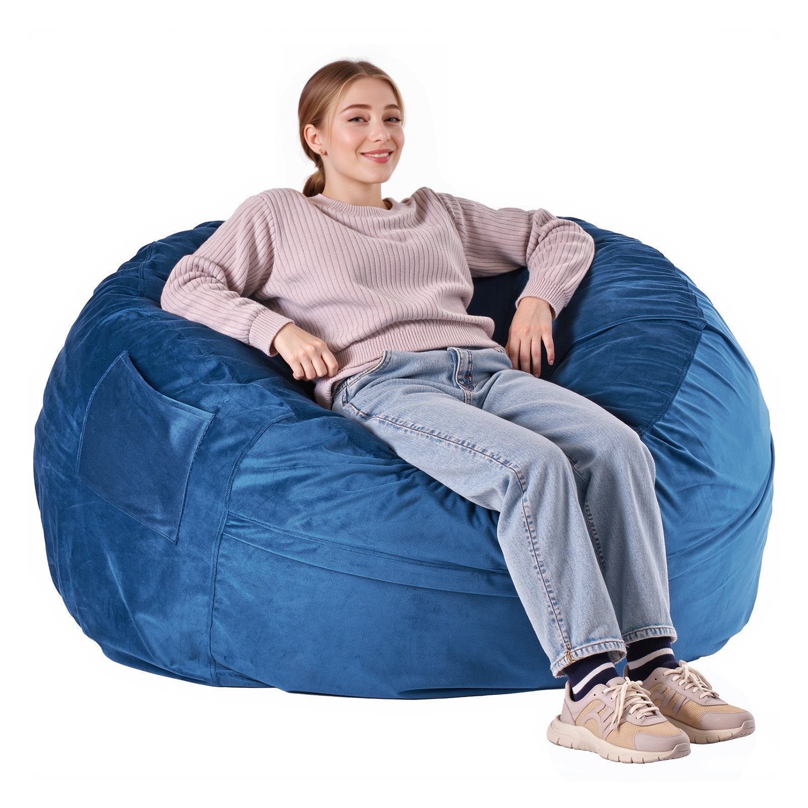 Luxurious Blue Bean Bag Chair for Adults - Removable Washable Cover, Dutch Velvet, High-Density Foam, with Handle & Pocket