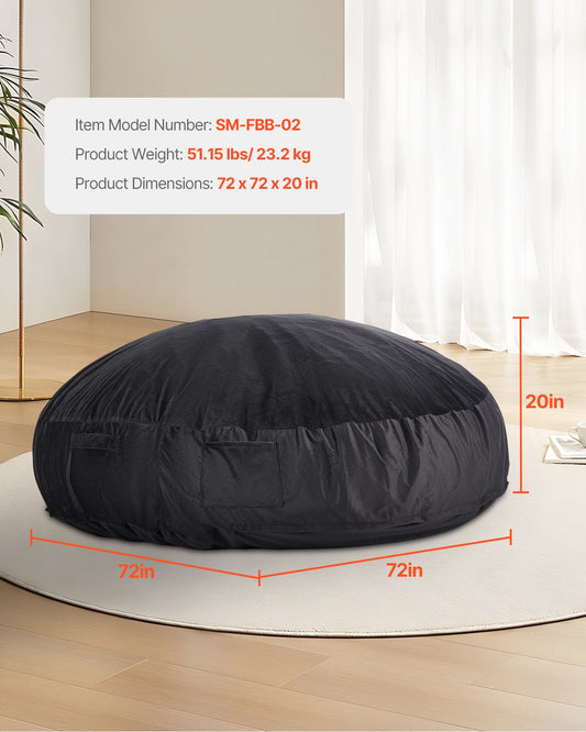Luxurious Black Giant Bean Bag Chair for Adults - Removable Cover, Dutch Velvet, High-Density Foam, Handle & Side Pocket for Living Room or Bedroom Comfort