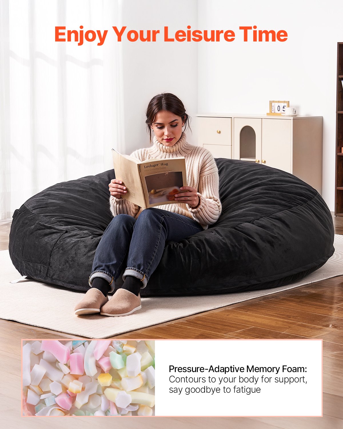 Luxurious Black Giant Bean Bag Chair for Adults - Removable Cover, Dutch Velvet, High-Density Foam, Handle & Side Pocket for Living Room or Bedroom Comfort