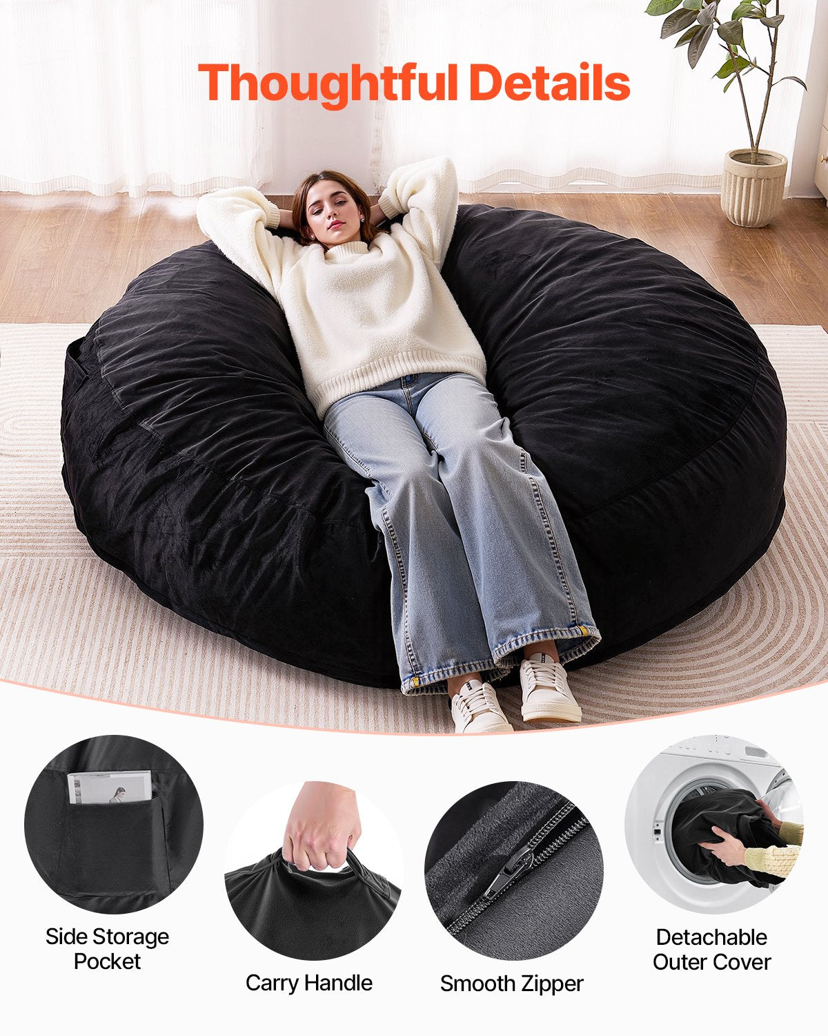 Luxurious Black Giant Bean Bag Chair for Adults - Removable Cover, Dutch Velvet, High-Density Foam, Handle & Side Pocket for Living Room or Bedroom Comfort
