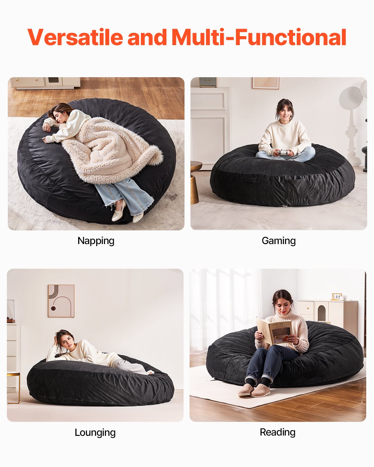 Luxurious Black Giant Bean Bag Chair for Adults - Removable Cover, Dutch Velvet, High-Density Foam, Handle & Side Pocket for Living Room or Bedroom Comfort