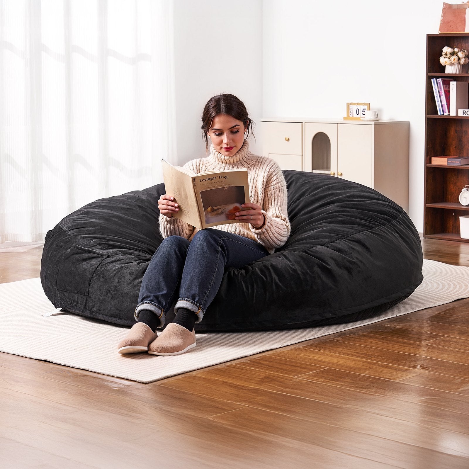 Luxurious Black Giant Bean Bag Chair for Adults - Removable Cover, Dutch Velvet, High-Density Foam, Handle & Side Pocket for Living Room or Bedroom Comfort