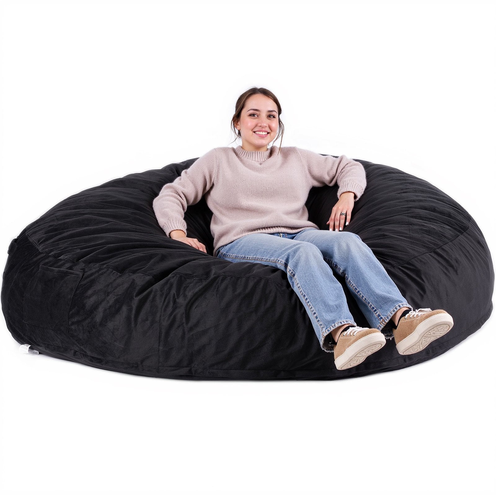 Luxurious Black Giant Bean Bag Chair for Adults - Removable Cover, Dutch Velvet, High-Density Foam, Handle & Side Pocket for Living Room or Bedroom Comfort