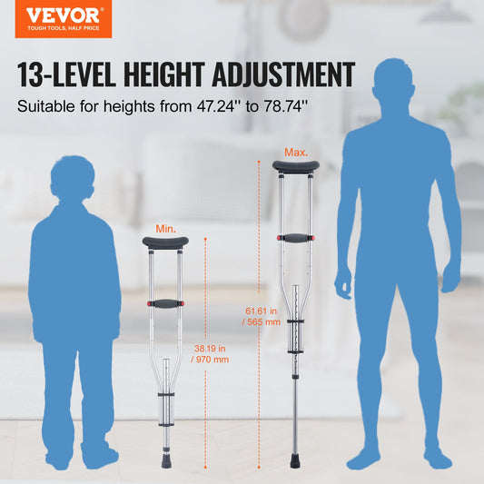 Lightweight Adjustable Aluminum Underarm Crutches with Soft Pads for Adults & Teens, Safe Non-Slip Design, Supports 300 lbs, 13 Height Levels