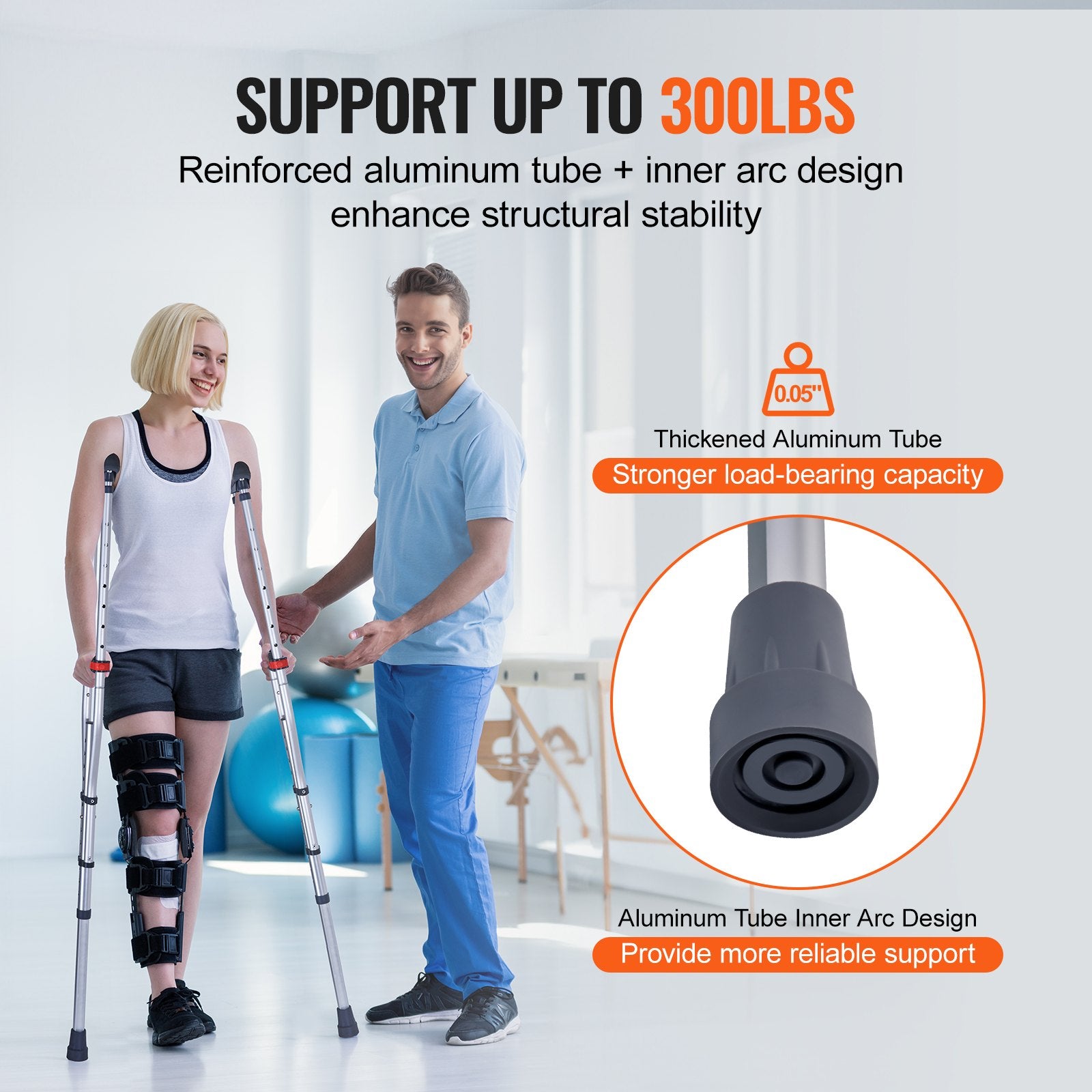 Lightweight Adjustable Aluminum Underarm Crutches with Soft Pads for Adults & Teens, Safe Non-Slip Design, Supports 300 lbs, 13 Height Levels