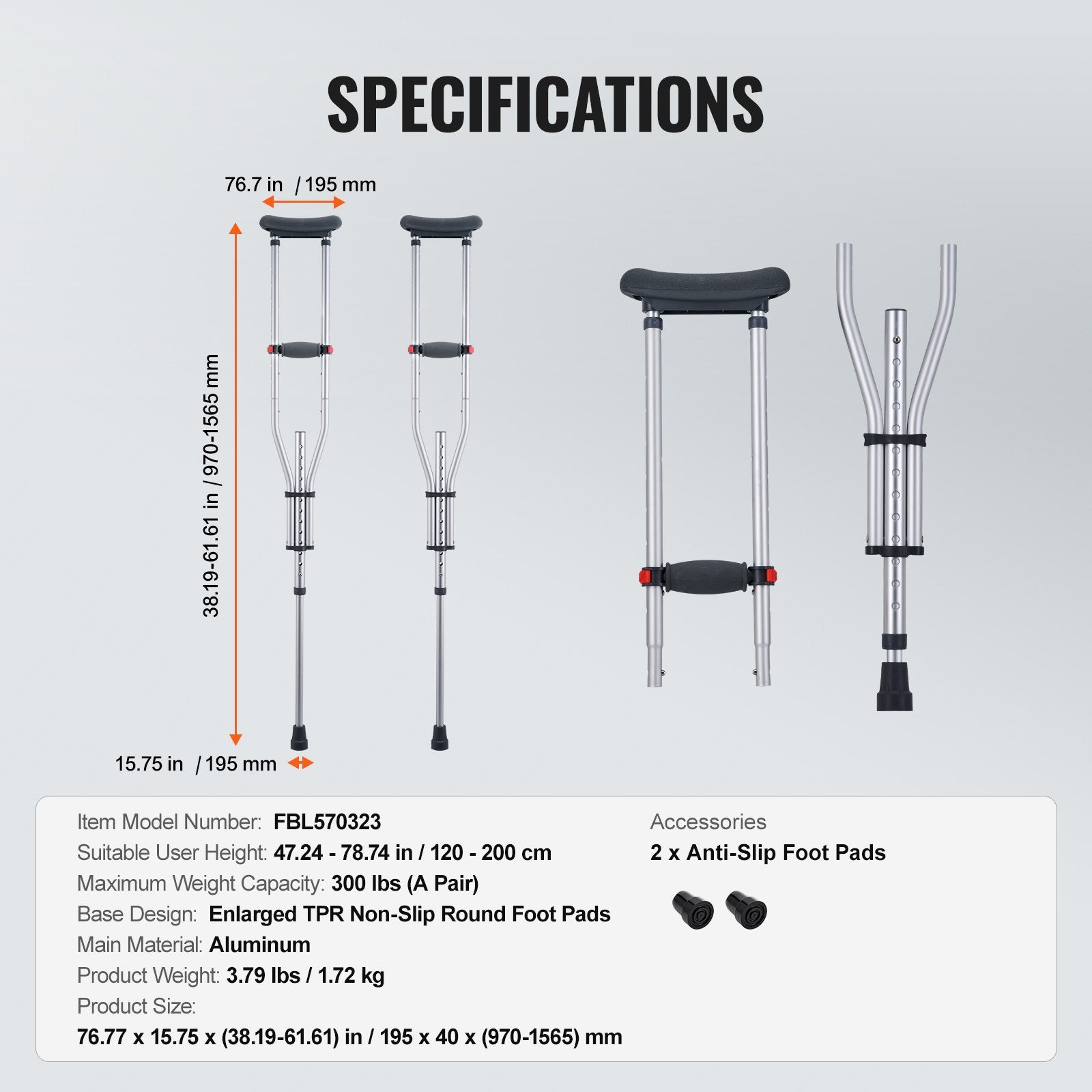 Lightweight Adjustable Aluminum Underarm Crutches with Soft Pads for Adults & Teens, Safe Non-Slip Design, Supports 300 lbs, 13 Height Levels
