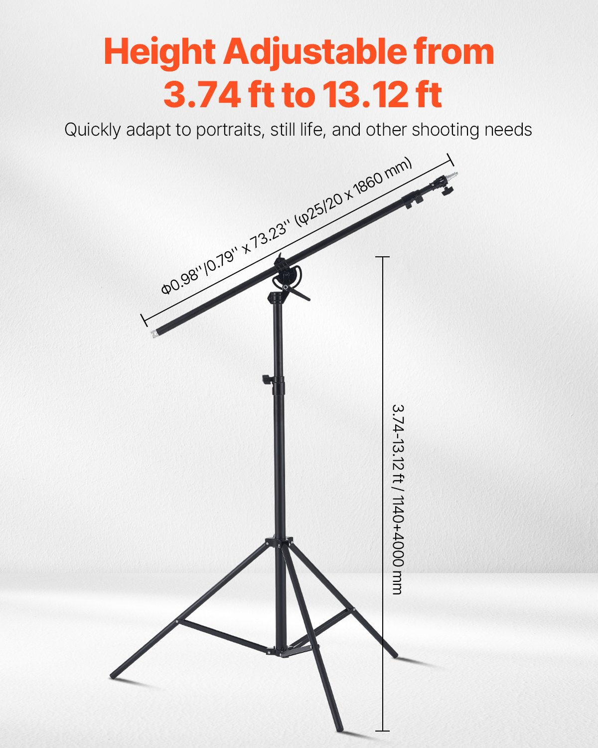 Adjustable Air Cushioned Aluminum Tripod Light Stand with Boom Arm & Sandbag, Max Height 12.8 ft, 5kg Load, Ideal for Studio Flash, Softbox, Umbrella, Ring Light