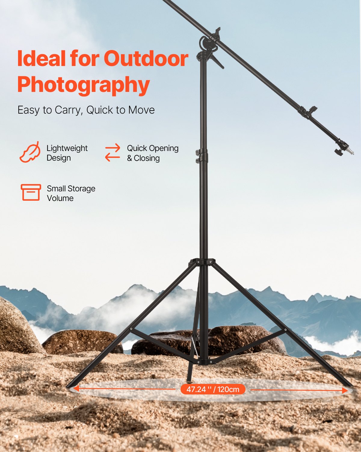 Adjustable Air Cushioned Aluminum Tripod Light Stand with Boom Arm & Sandbag, Max Height 12.8 ft, 5kg Load, Ideal for Studio Flash, Softbox, Umbrella, Ring Light