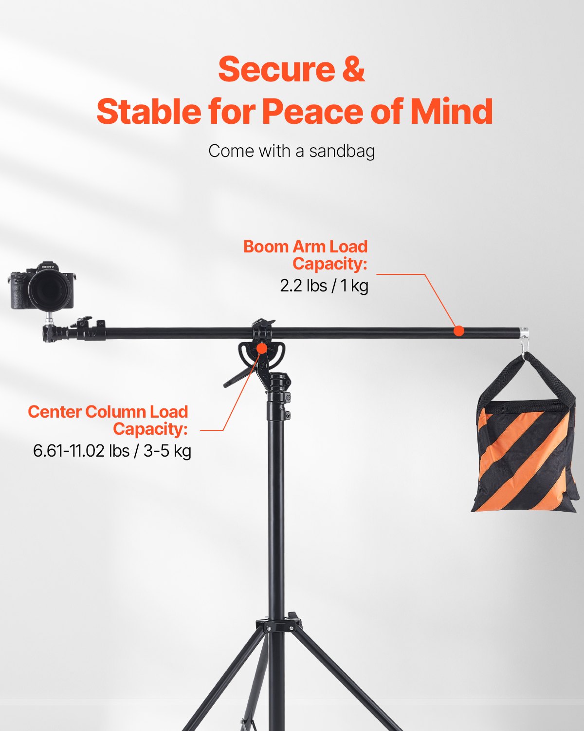 Adjustable Air Cushioned Aluminum Tripod Light Stand with Boom Arm & Sandbag, Max Height 12.8 ft, 5kg Load, Ideal for Studio Flash, Softbox, Umbrella, Ring Light