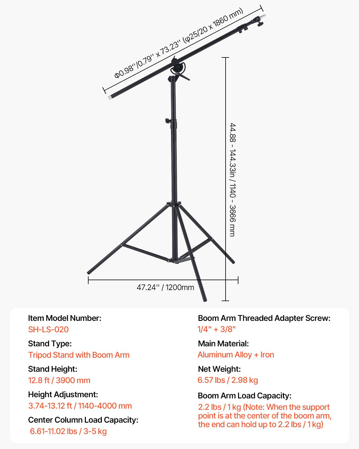 Adjustable Air Cushioned Aluminum Tripod Light Stand with Boom Arm & Sandbag, Max Height 12.8 ft, 5kg Load, Ideal for Studio Flash, Softbox, Umbrella, Ring Light