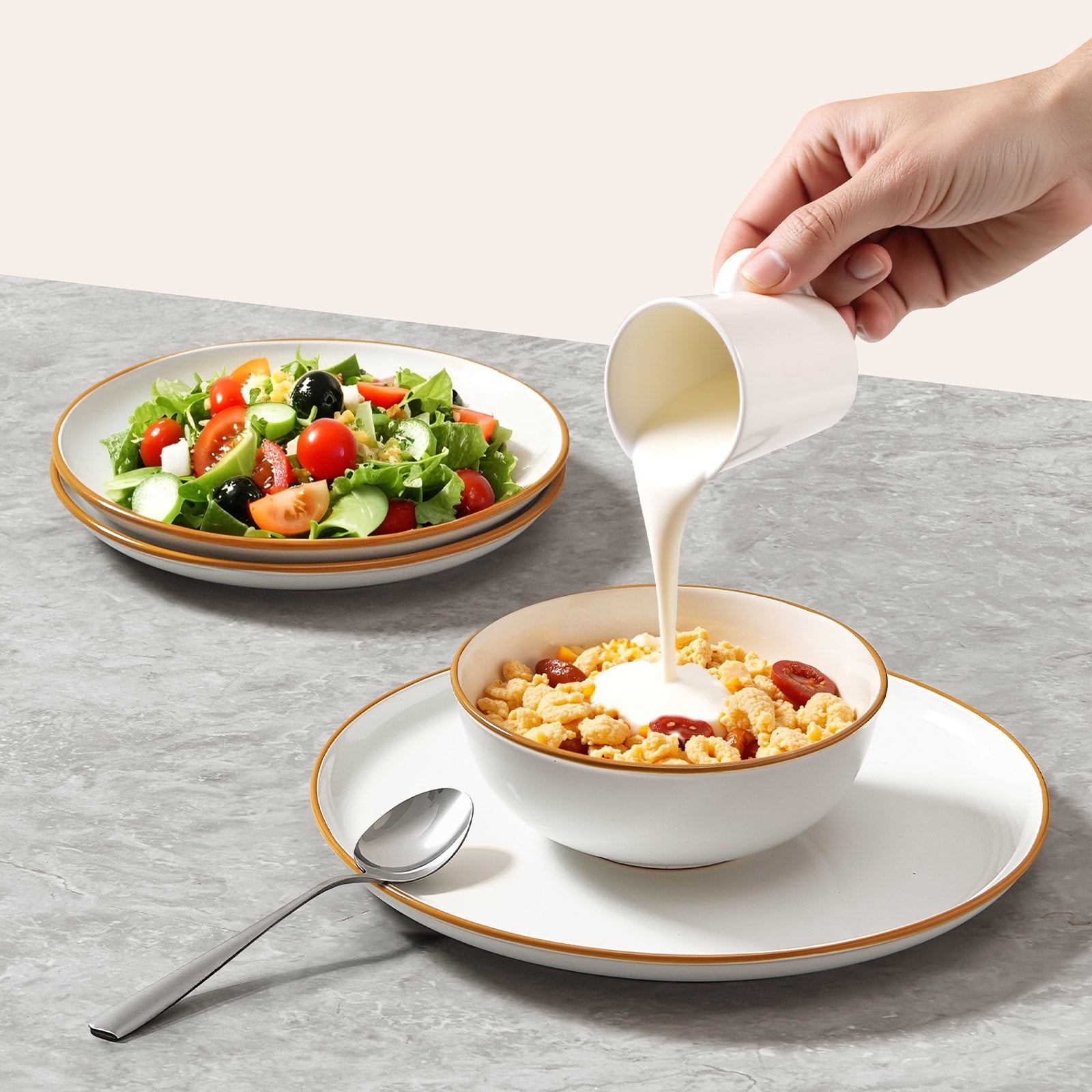 Ivory Ceramic Dinnerware Set for 4 - Scratch Resistant, Dishwasher & Microwave Safe Plates & Bowls for Salad, Soup, Pasta, Dessert