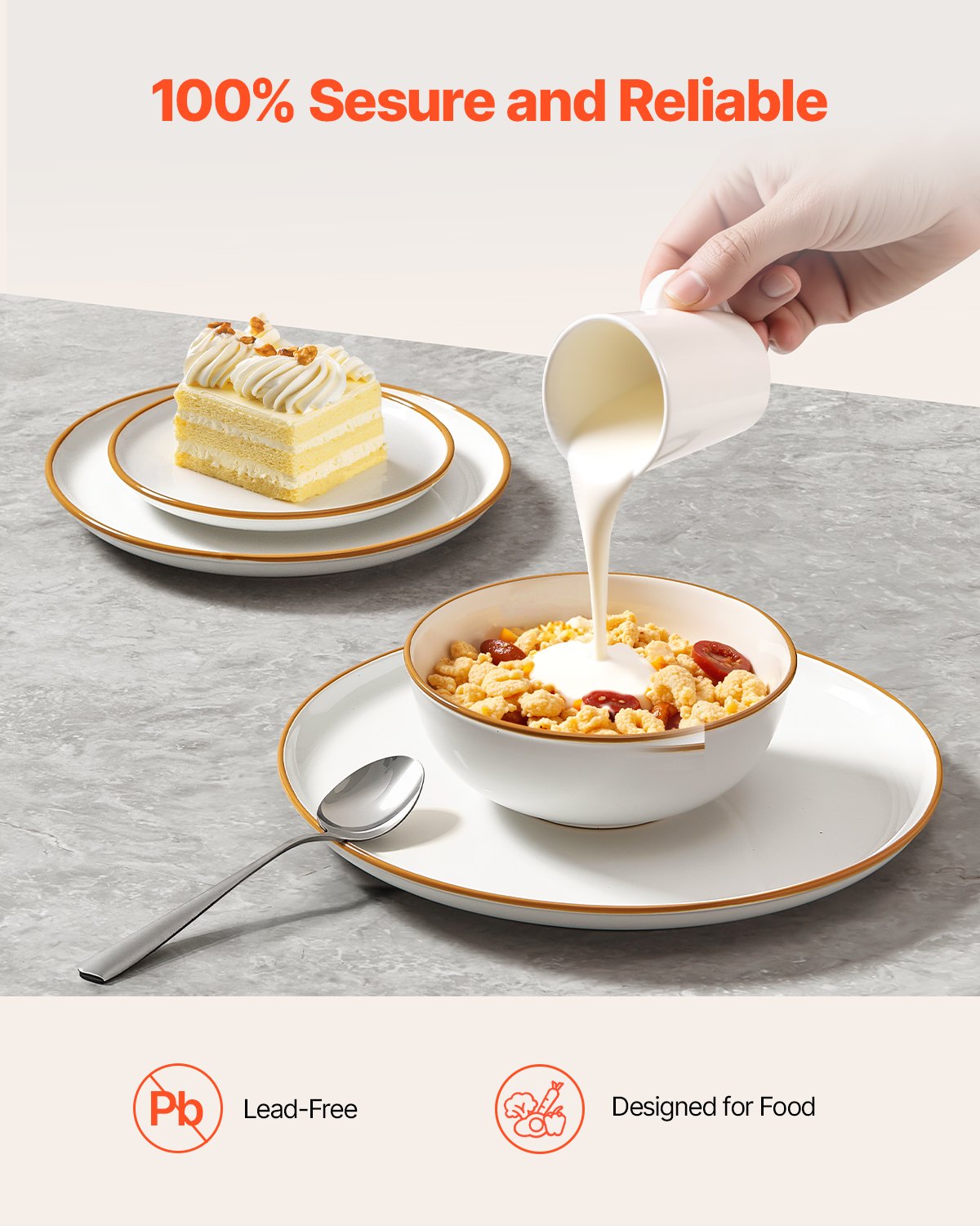 Ivory Ceramic Dinnerware Set for 8 - Scratch Resistant, Microwave & Dishwasher Safe Plates & Bowls for Pasta, Soup, Salad, Dessert