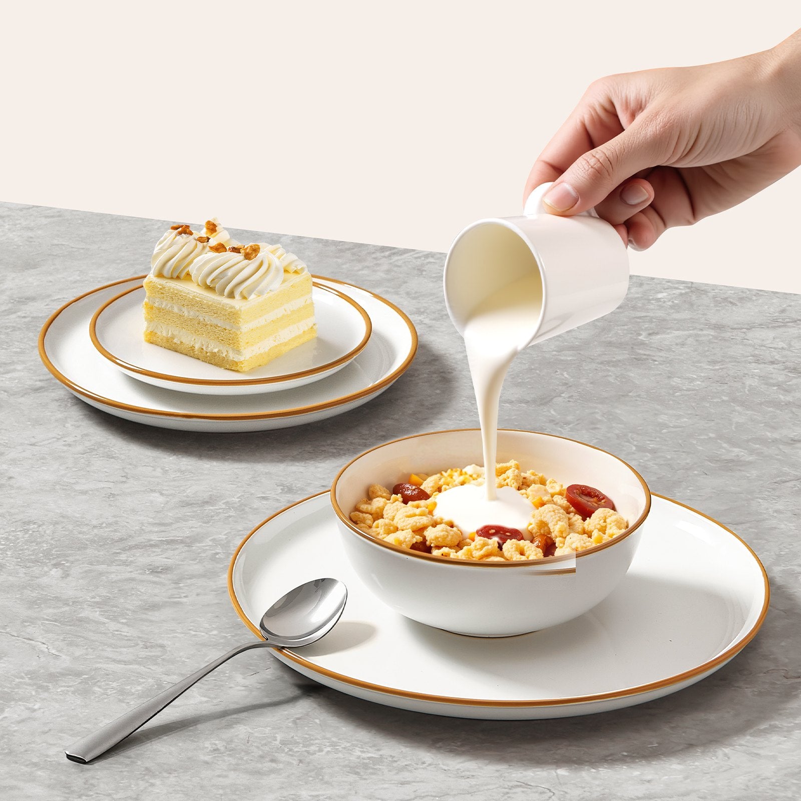 Ivory Ceramic Dinnerware Set for 8 - Scratch Resistant, Microwave & Dishwasher Safe Plates & Bowls for Pasta, Soup, Salad, Dessert
