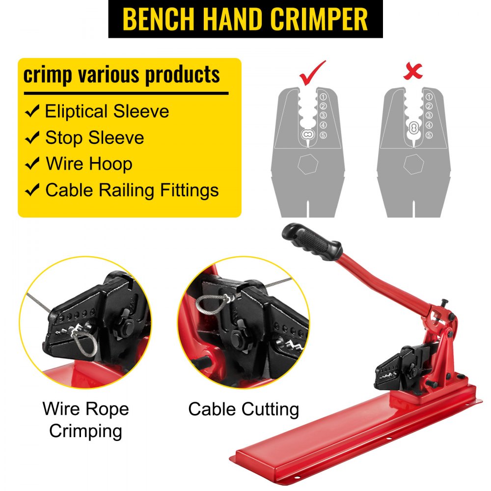 VEVOR Bench Swager Tool 24" Wire Rope Swaging Tool w/Crimper Cable Bolt Cutter Head Bench Crimper 1/16"-3/16" Aluminum/Copper Sleeves Bench Cable Alloy Steel Crimper Swager for1/2" Wire Rope Ferrules