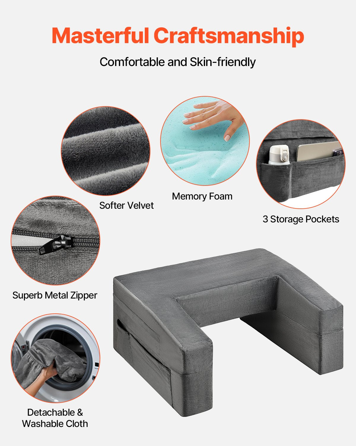 Luxurious Grey Reading Pillow & Lap Desk with Memory Foam, Washable Cover, 3 Pockets, Cup Holder, Ergonomic Design for Bed & Sofa