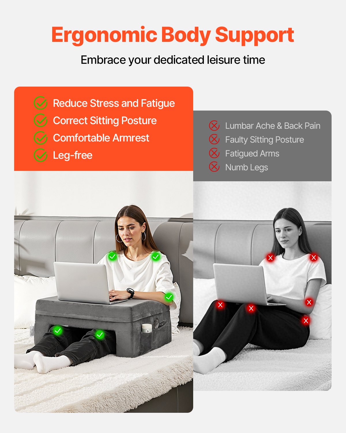 Luxurious Grey Reading Pillow & Lap Desk with Memory Foam, Washable Cover, 3 Pockets, Cup Holder, Ergonomic Design for Bed & Sofa