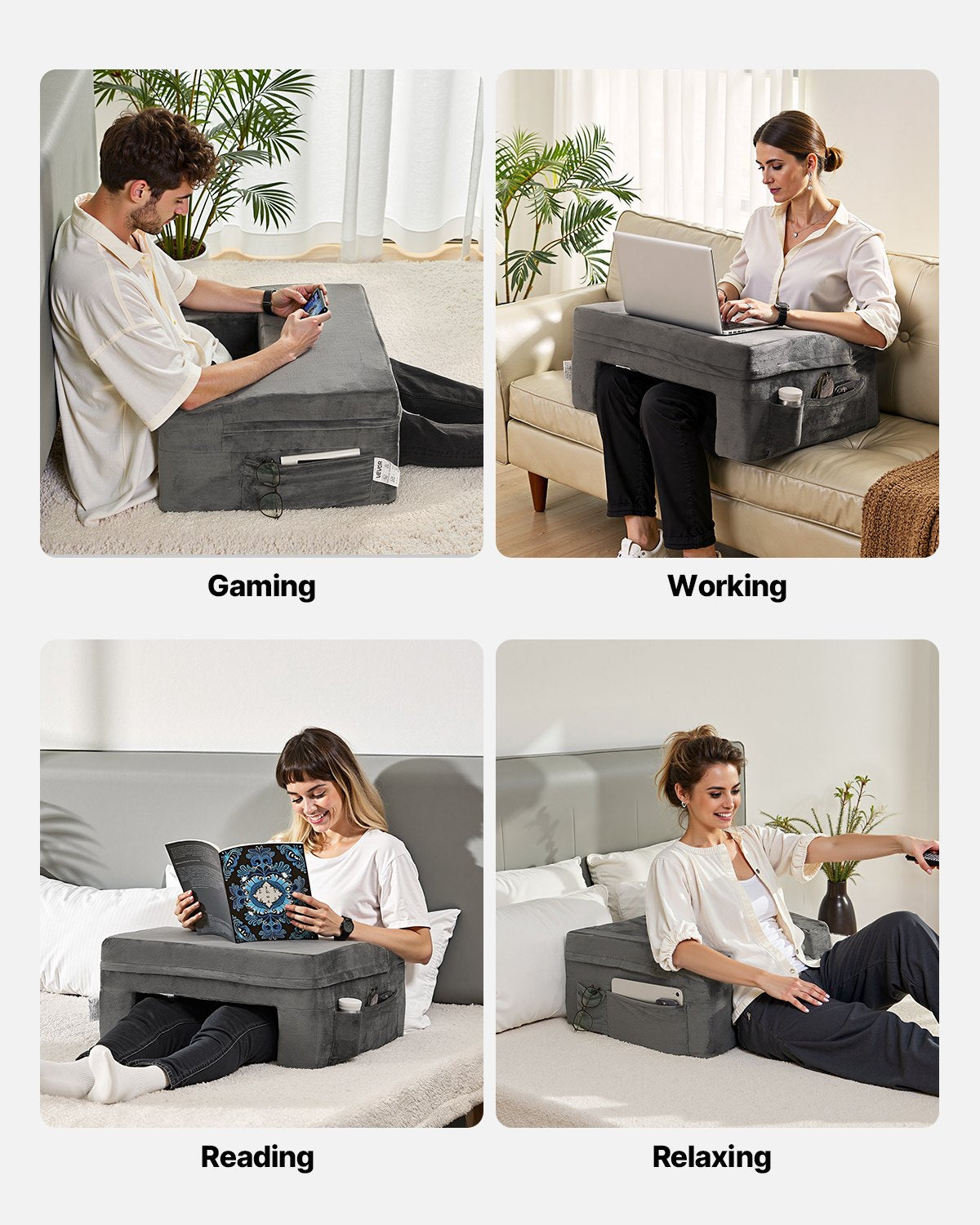 Luxurious Grey Reading Pillow & Lap Desk with Memory Foam, Washable Cover, 3 Pockets, Cup Holder, Ergonomic Design for Bed & Sofa