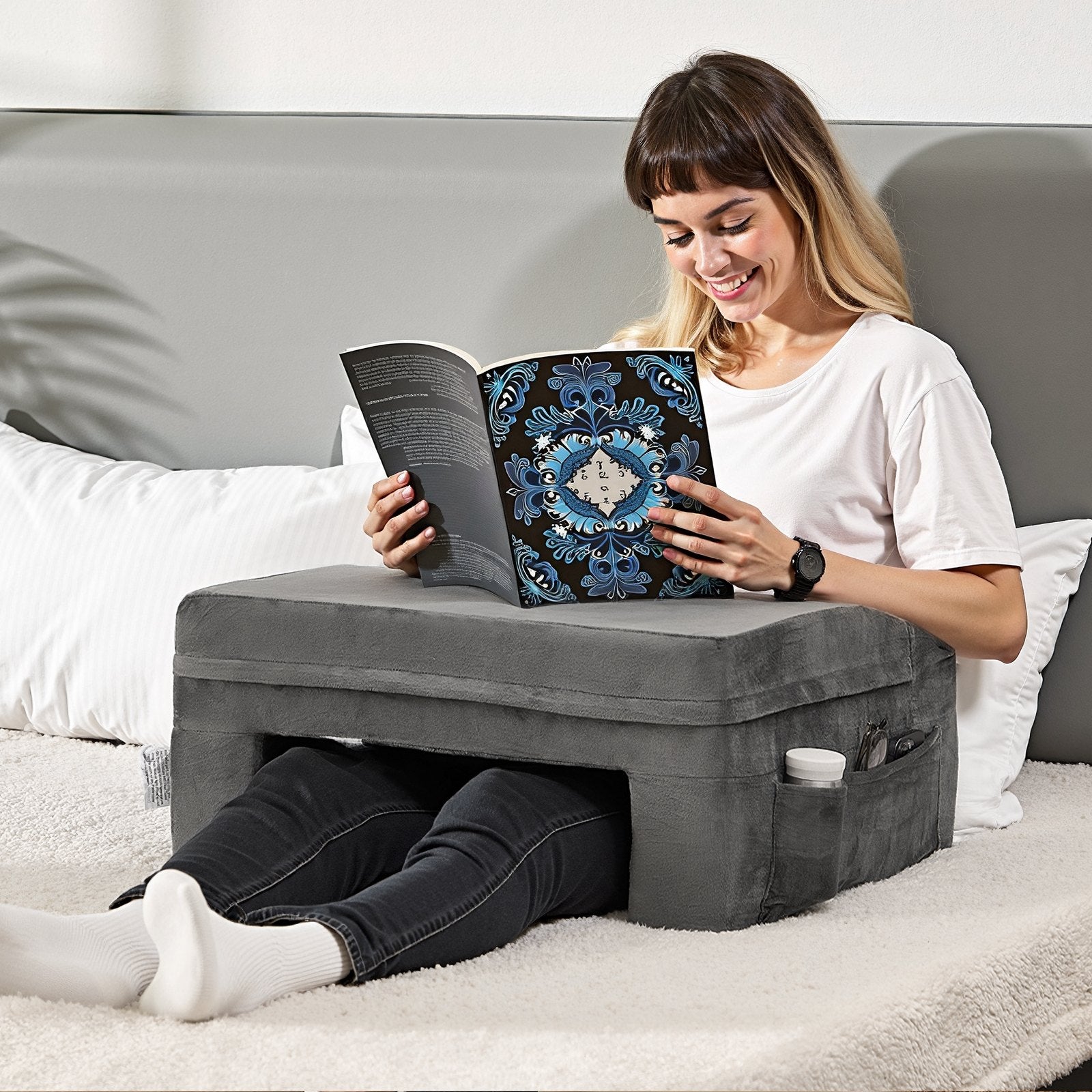 Luxurious Grey Reading Pillow & Lap Desk with Memory Foam, Washable Cover, 3 Pockets, Cup Holder, Ergonomic Design for Bed & Sofa