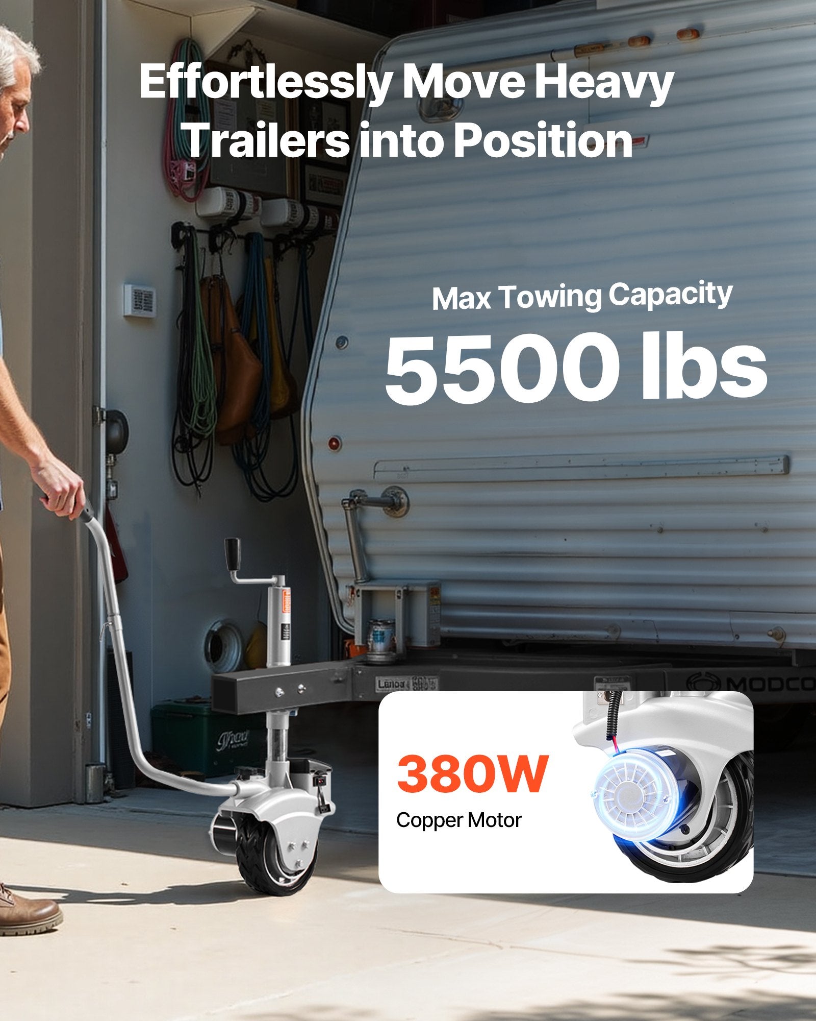 Heavy-Duty Electric Trailer Dolly - 5500 lbs Capacity, 380W Motor, Adjustable Clamp, Rubber Tire for Caravan & Boat Maneuverability