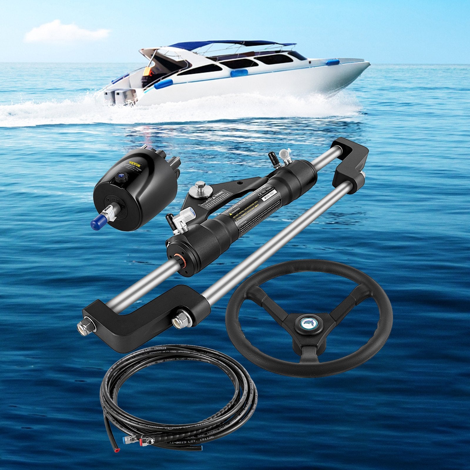 Enhanced Hydraulic Outboard Steering Kit - 300HP Capacity, 16 ft Nylon Hose, 13.5" Wheel, Durable Aluminum for Bass & Flats Boats, Center Console