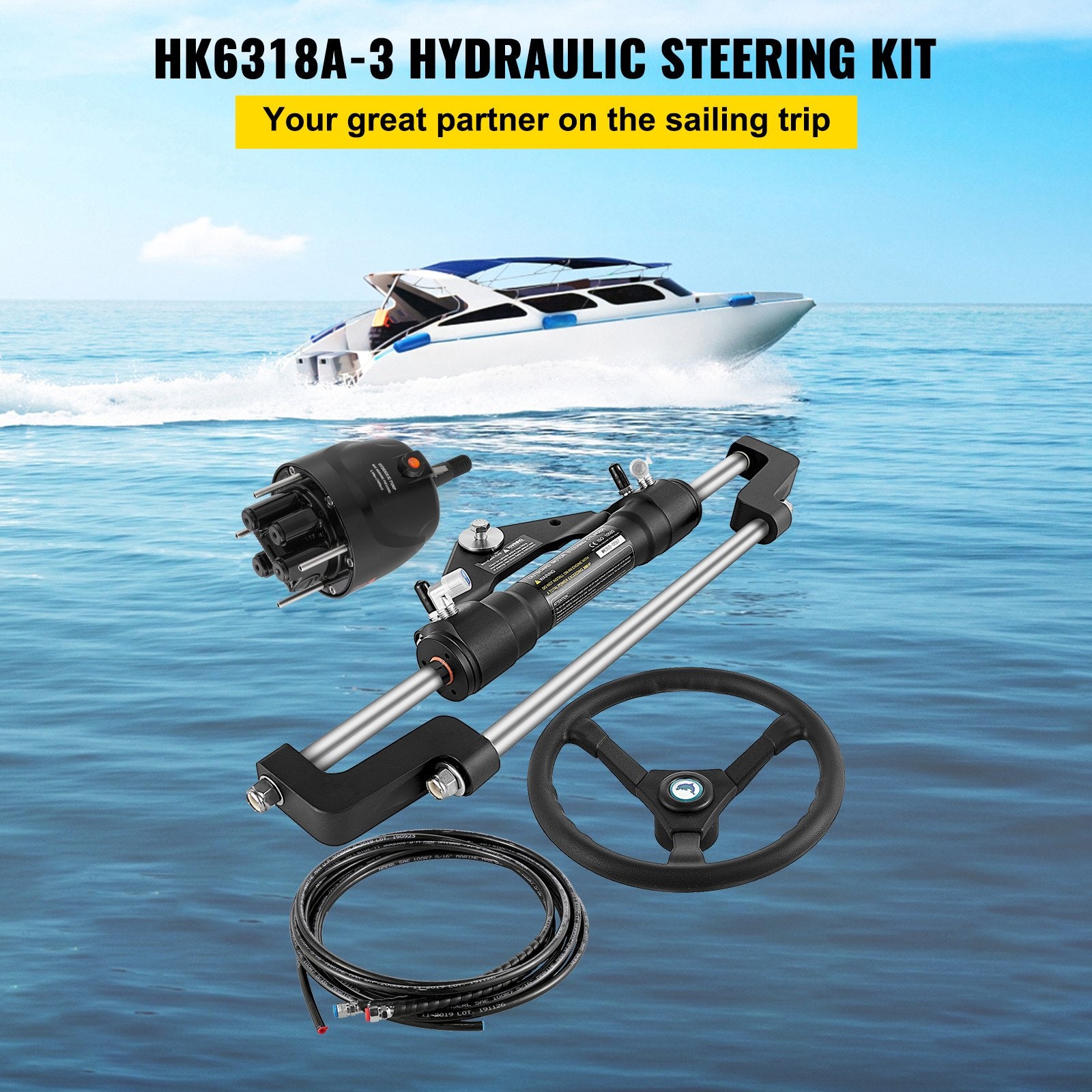 Complete Hydraulic Boat Steering Kit for Outboard Vessels, 300HP Capacity, Includes Helm Pump, Cylinder, and 13.5" Wheel with 18 FT Nylon Hose