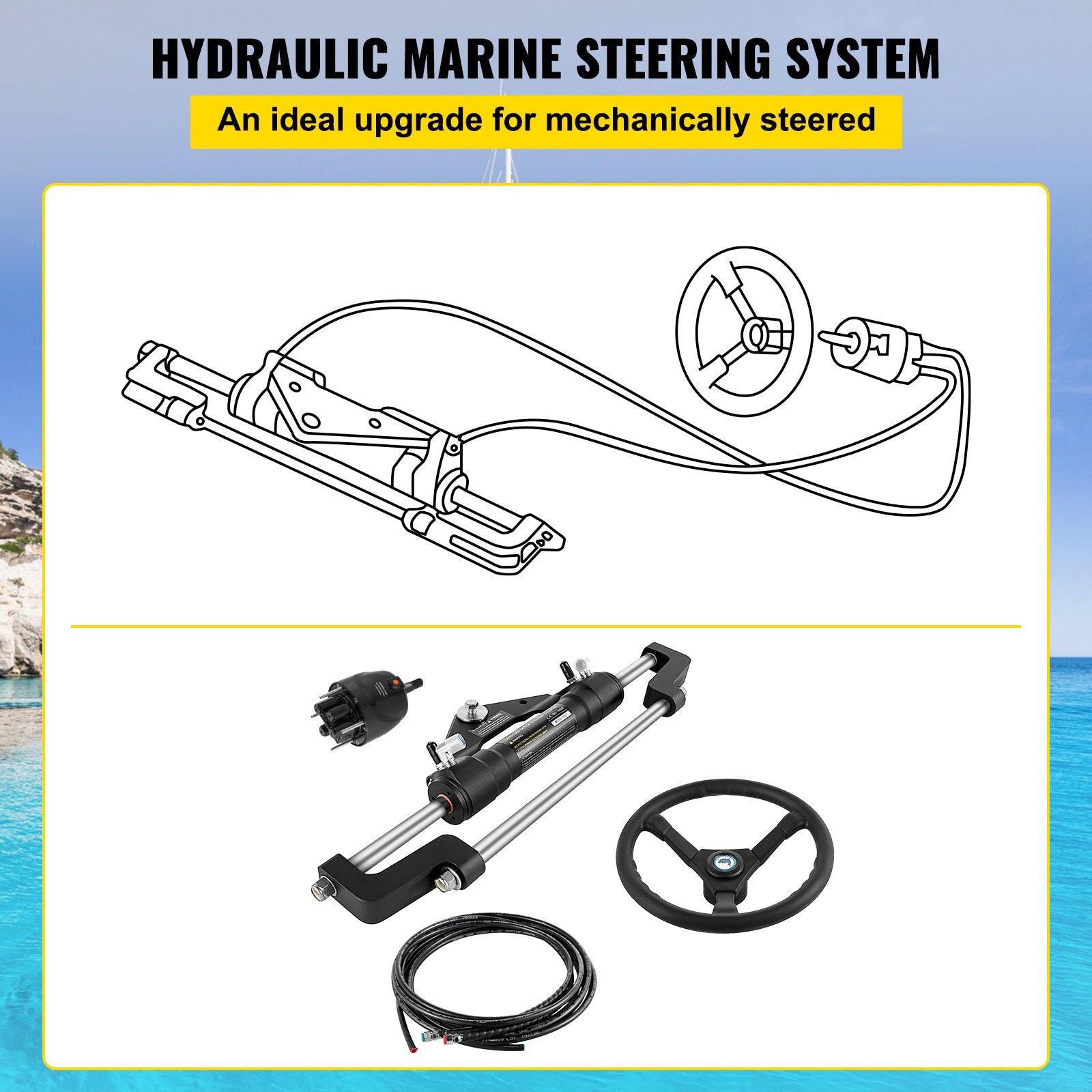 Complete Hydraulic Boat Steering Kit for Outboard Vessels, 300HP Capacity, Includes Helm Pump, Cylinder, and 13.5" Wheel with 18 FT Nylon Hose
