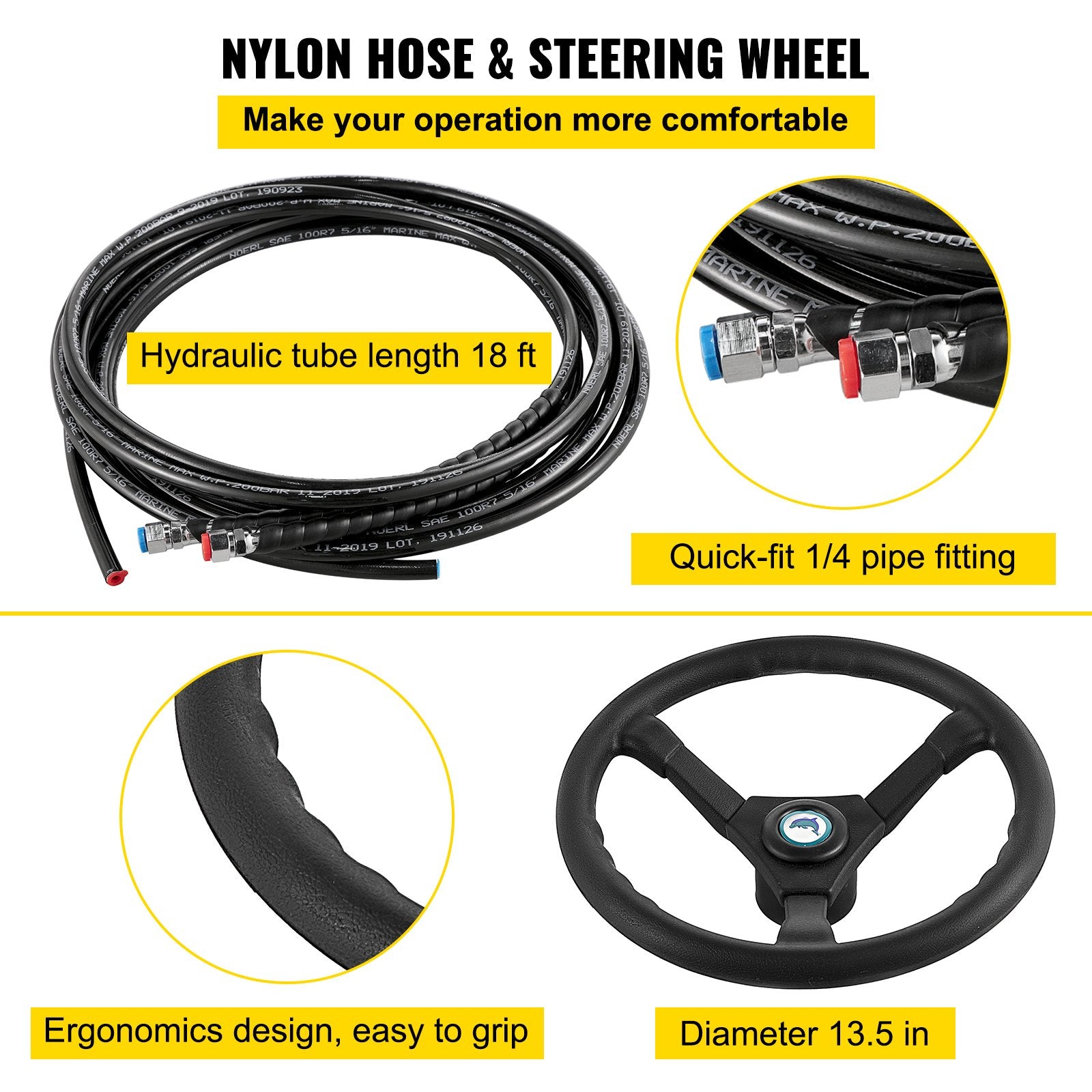 Complete Hydraulic Boat Steering Kit for Outboard Vessels, 300HP Capacity, Includes Helm Pump, Cylinder, and 13.5" Wheel with 18 FT Nylon Hose