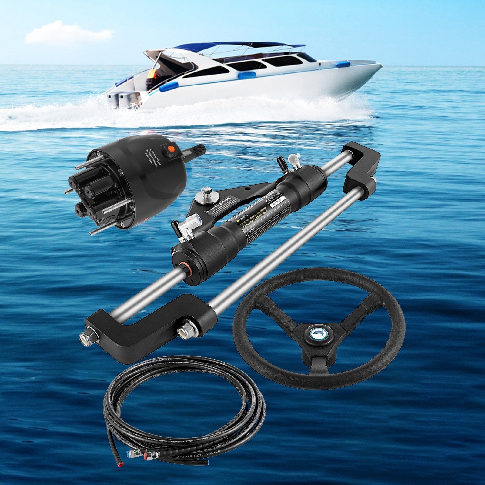 Complete Hydraulic Boat Steering Kit for Outboard Vessels, 300HP Capacity, Includes Helm Pump, Cylinder, and 13.5" Wheel with 18 FT Nylon Hose