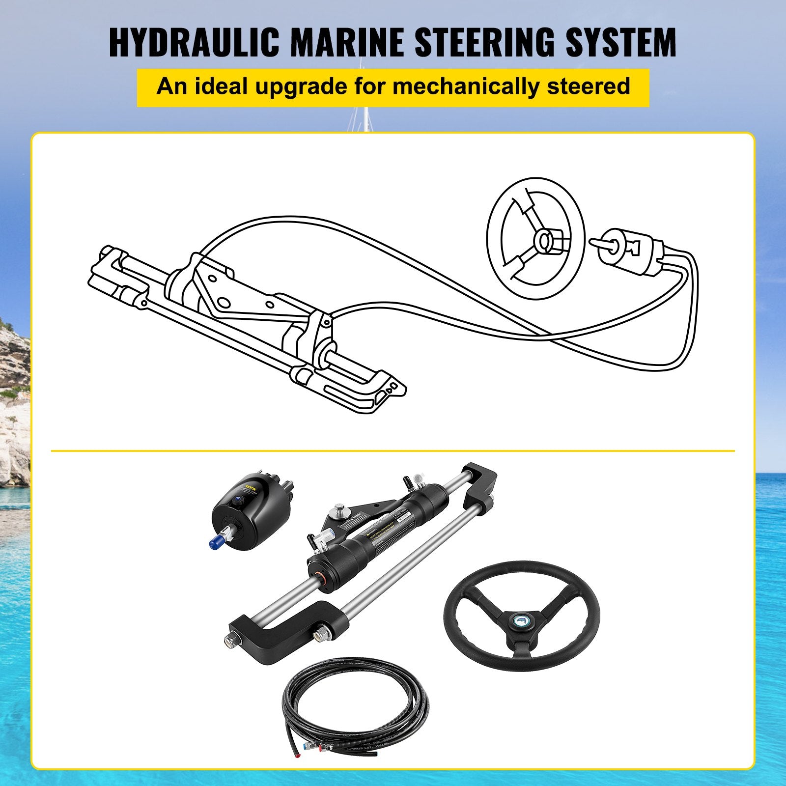 Hydraulic Outboard Steering Kit 300HP with Helm Pump, 22 Ft Hose & Sleek Cylinder - Complete Boat Steering System for Efficient Marine Navigation