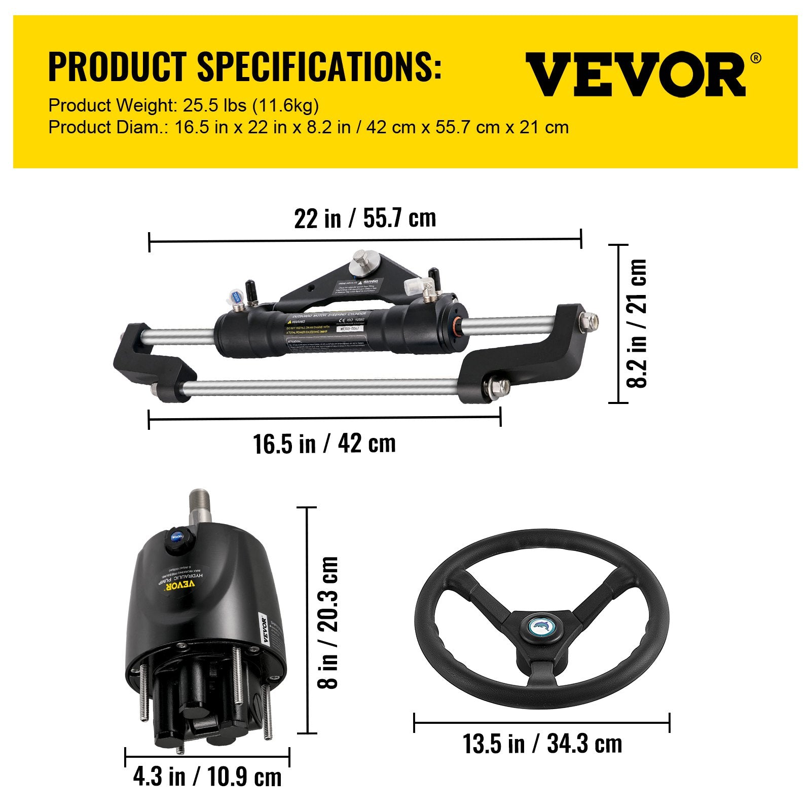 Hydraulic Outboard Steering Kit 300HP with Helm Pump, 22 Ft Hose & Sleek Cylinder - Complete Boat Steering System for Efficient Marine Navigation