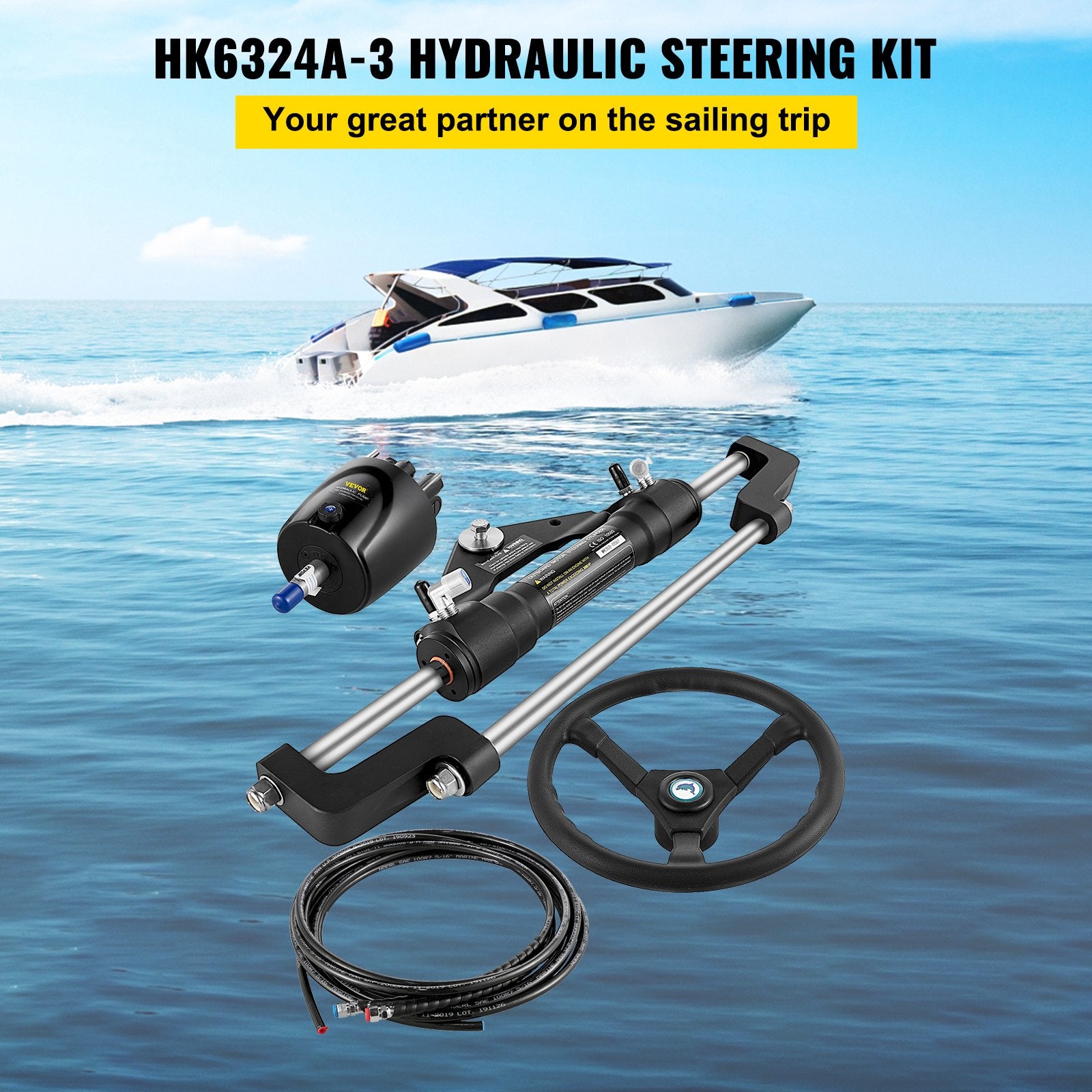 Hydraulic Boat Steering Kit, 300HP System with Helm Pump, Cylinder, Wheel, 24" Hose, Corrosion-Resistant Marine Steering, 6.9 Mpa Pressure, Aluminum Alloy