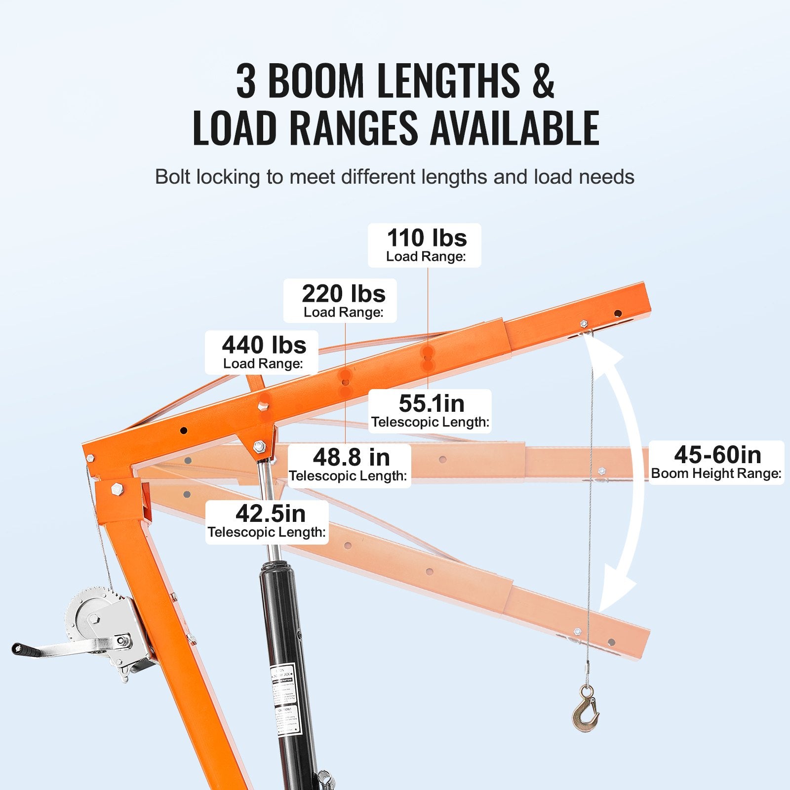 Hydraulic Pickup Truck Crane - 500 lbs Capacity, 360° Swivel, Hitch-Mounted with Three Boom Options (110, 220, 440 lbs) for Construction, Forestry, Factory Applications, Durable Alloy Steel, Portable, Manual Control, 1000 lbs Winch, 22 ft Cable