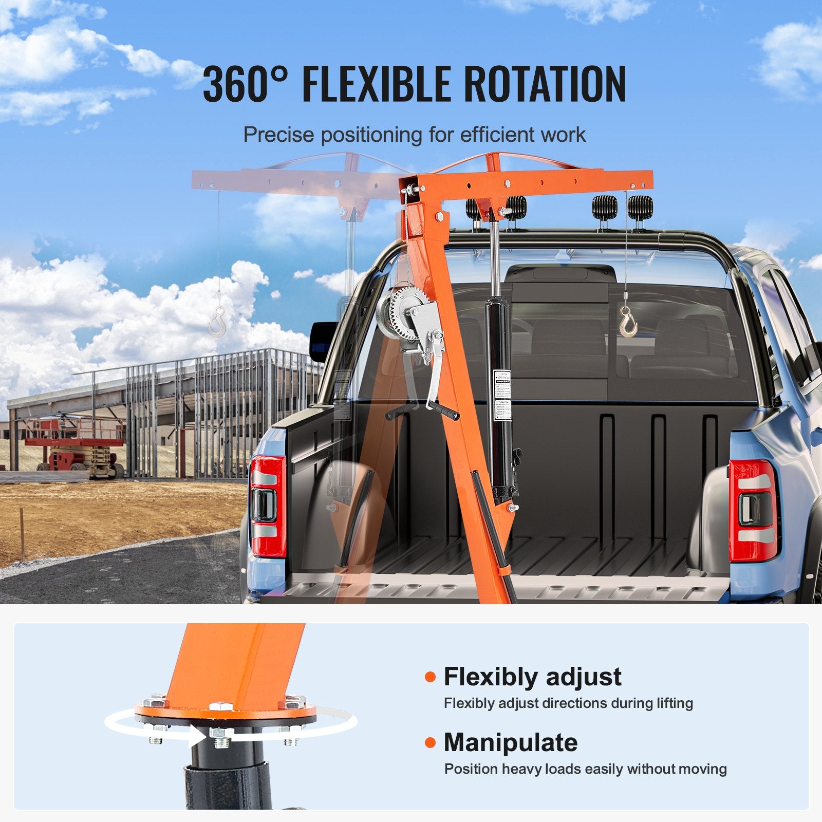 Hydraulic Pickup Truck Crane - 500 lbs Capacity, 360° Swivel, Hitch-Mounted with Three Boom Options (110, 220, 440 lbs) for Construction, Forestry, Factory Applications, Durable Alloy Steel, Portable, Manual Control, 1000 lbs Winch, 22 ft Cable
