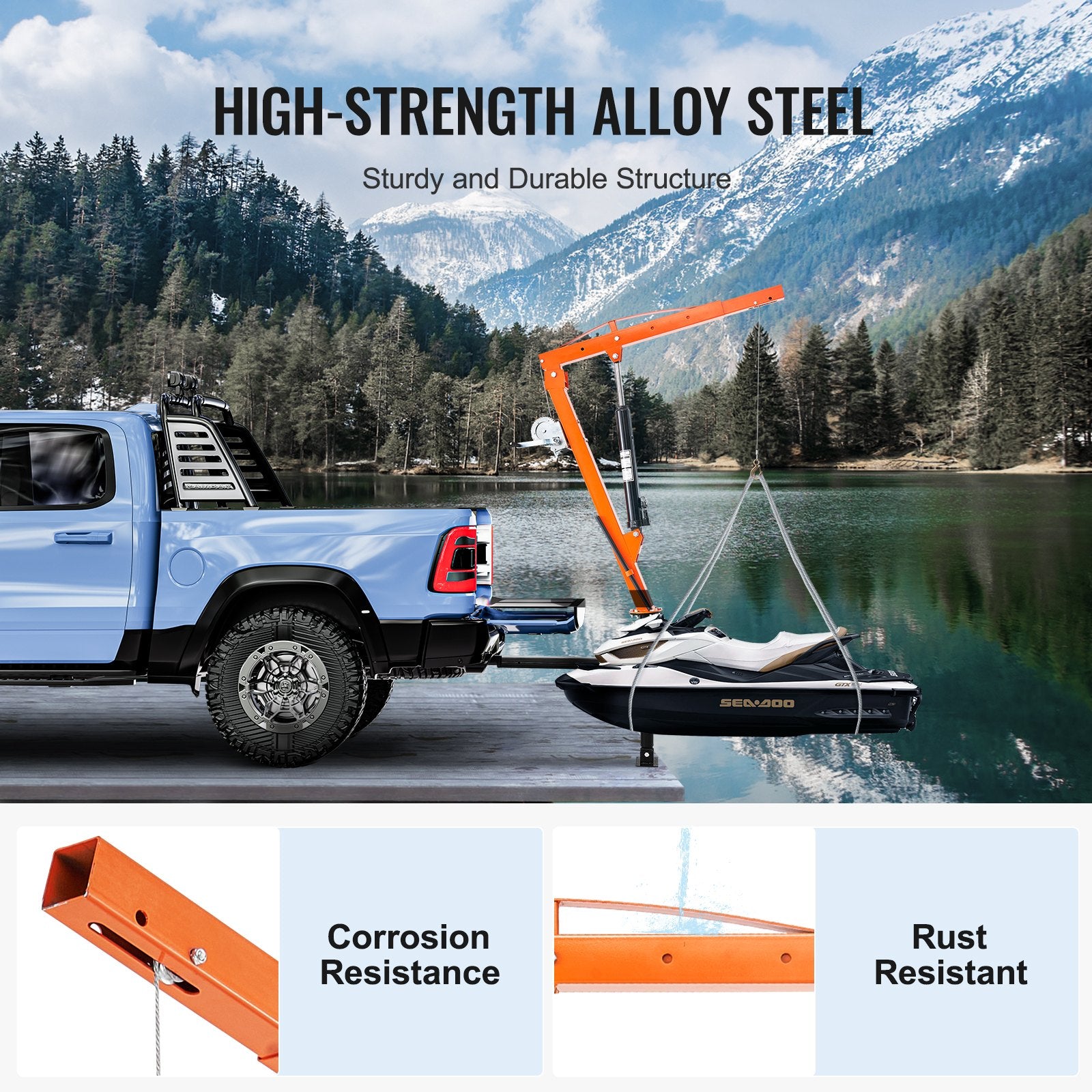 Hydraulic Pickup Truck Crane - 500 lbs Capacity, 360° Swivel, Hitch-Mounted with Three Boom Options (110, 220, 440 lbs) for Construction, Forestry, Factory Applications, Durable Alloy Steel, Portable, Manual Control, 1000 lbs Winch, 22 ft Cable